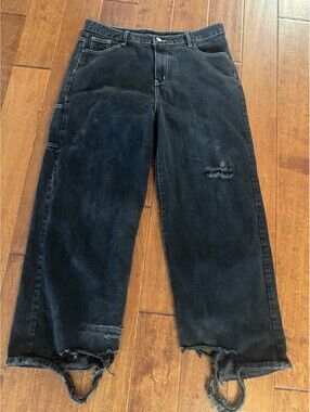 Black Baggy Jeans Embroidered Skull Y2K Affliction Style Size 38